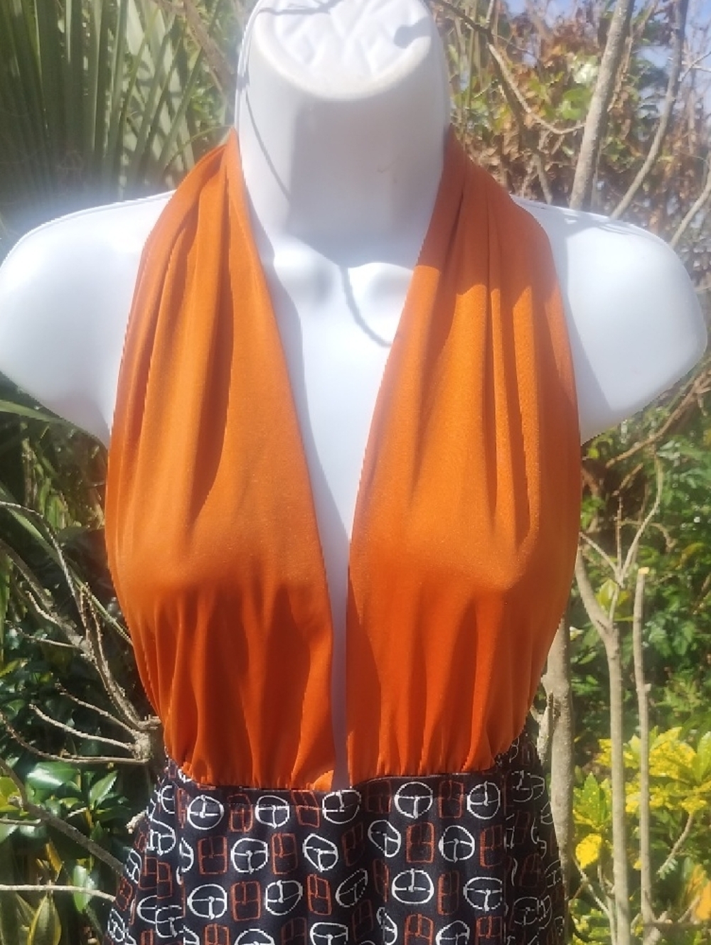 Vintage '70s Sexy Halter Dress Midi Dress with Geometric Printed Skirt Medium - Picture 2 of 8